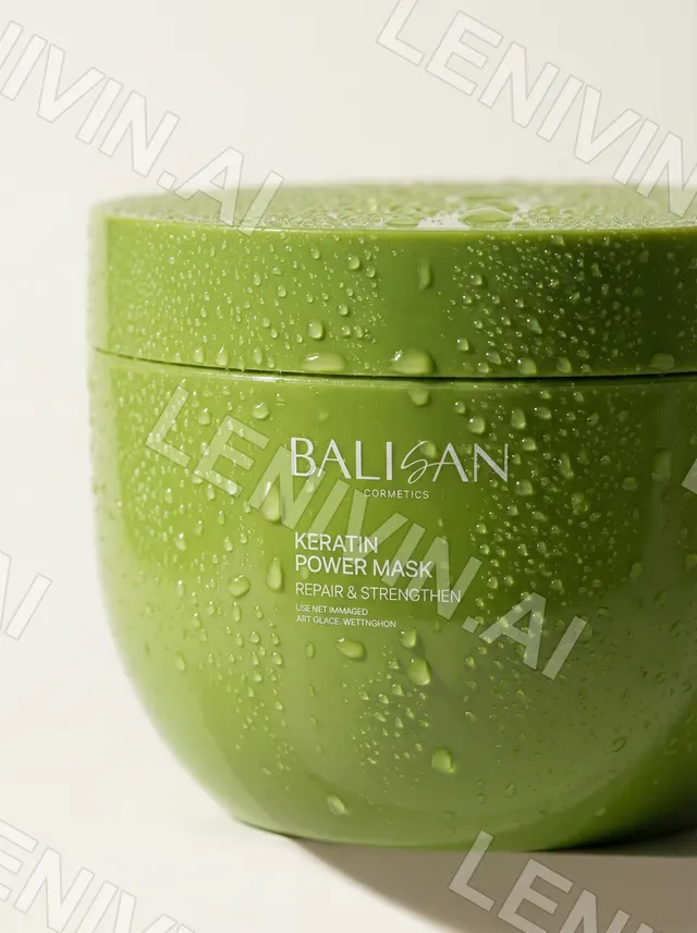 Зелёная баночка Keratin Power Mask крупно, капли воды на поверхности, белый фон