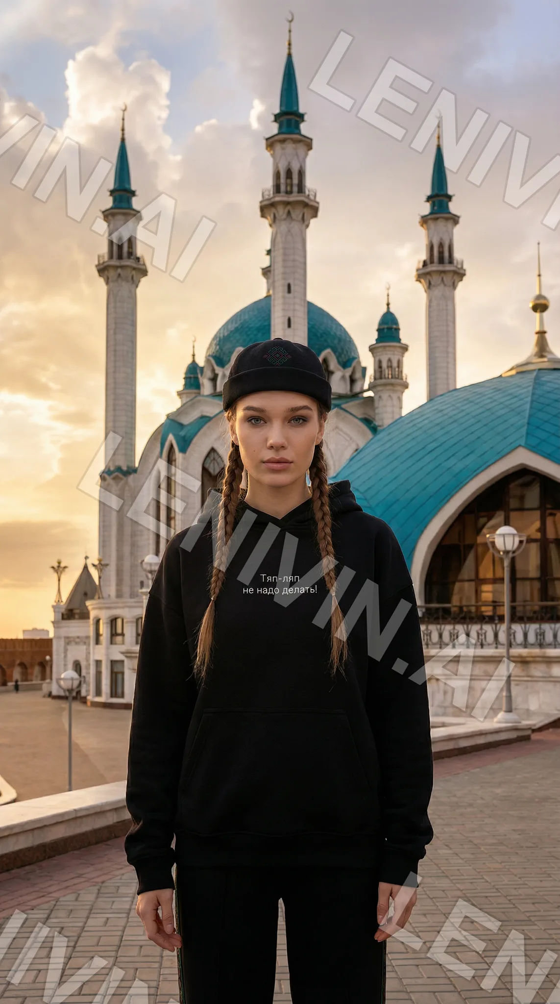 Девушка с косами в чёрной шапке и толстовке стоит перед мечетью с минаретами на закате