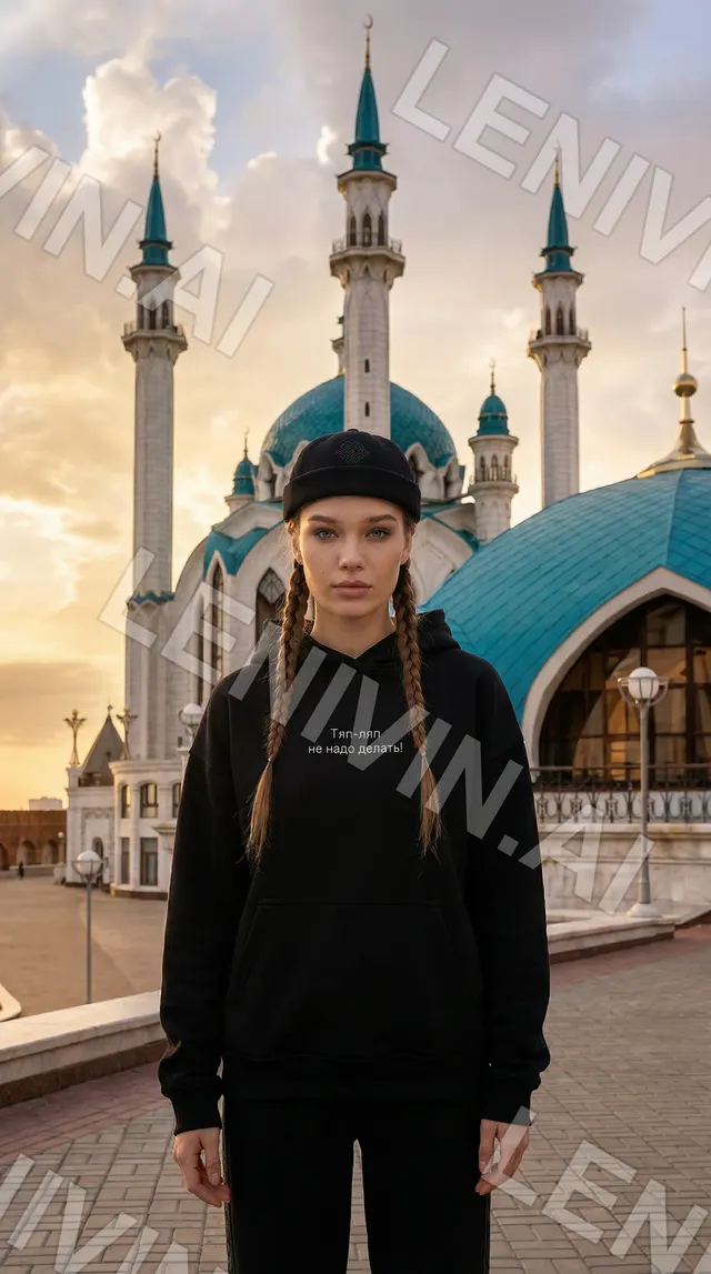 Девушка с косами в чёрной шапке и толстовке стоит перед мечетью с минаретами на закате