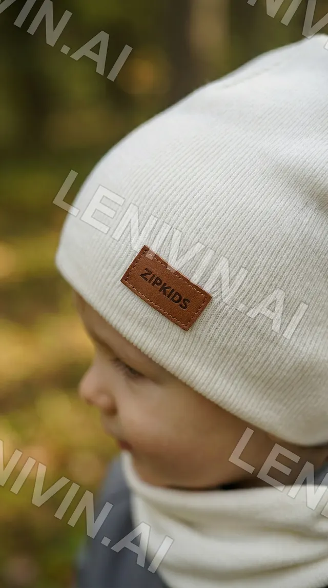 Вязаная белая шапка с коричневой этикеткой ZIPKIDS на ребёнке, осенний лес размыт
