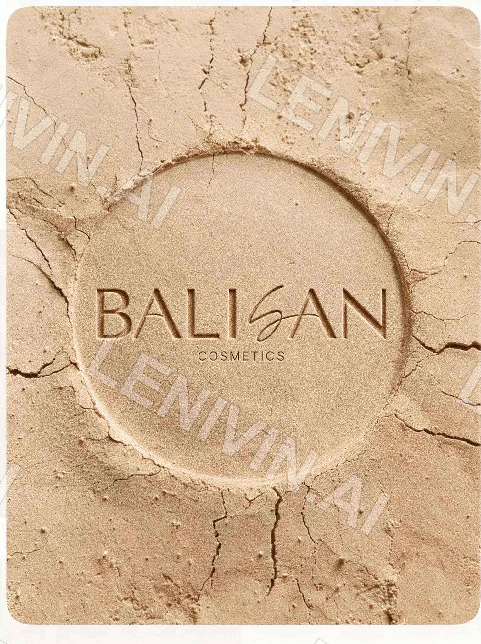 Круглый оттиск с логотипом BALISAN Cosmetics на растрескавшейся песочной глине