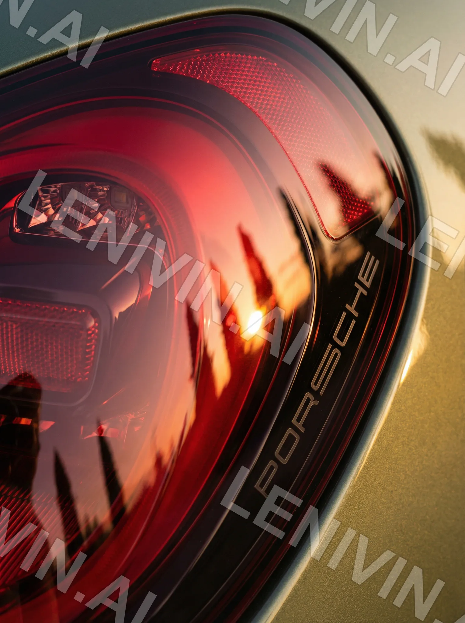 Красный задний фонарь Porsche крупно, в отражении закат и силуэты кипарисов