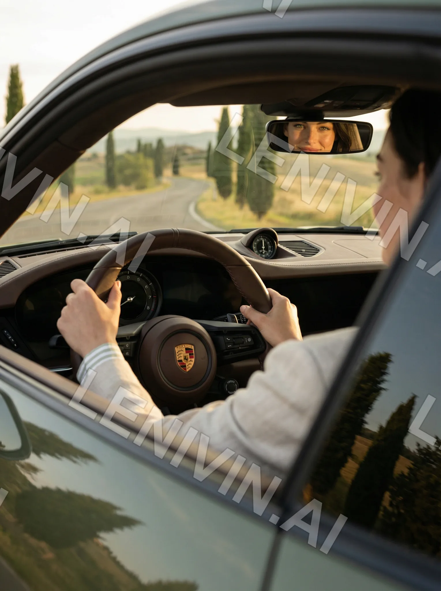 Рука на руле Porsche, в зеркале отражение глаз, кипарисовая дорога за окном