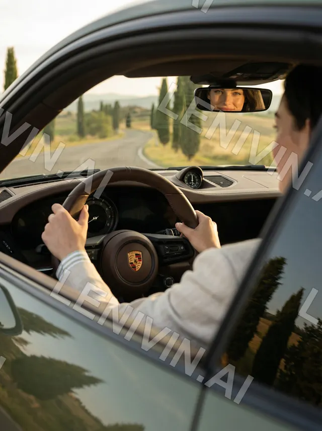 Рука на руле Porsche, в зеркале отражение глаз, кипарисовая дорога за окном
