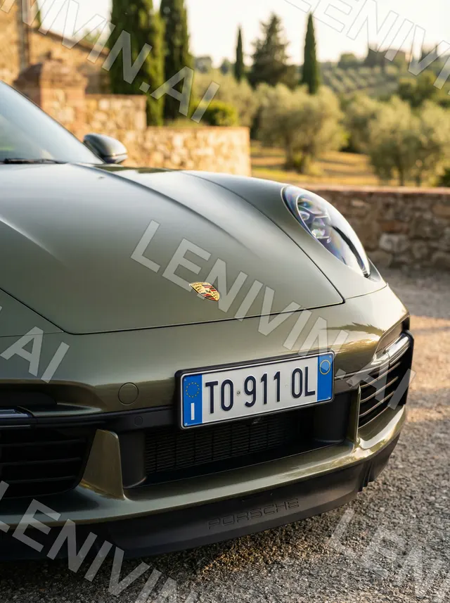 Капот и номер TO 911 OL оливкового Porsche с гербом, оливковая роща и каменная стена