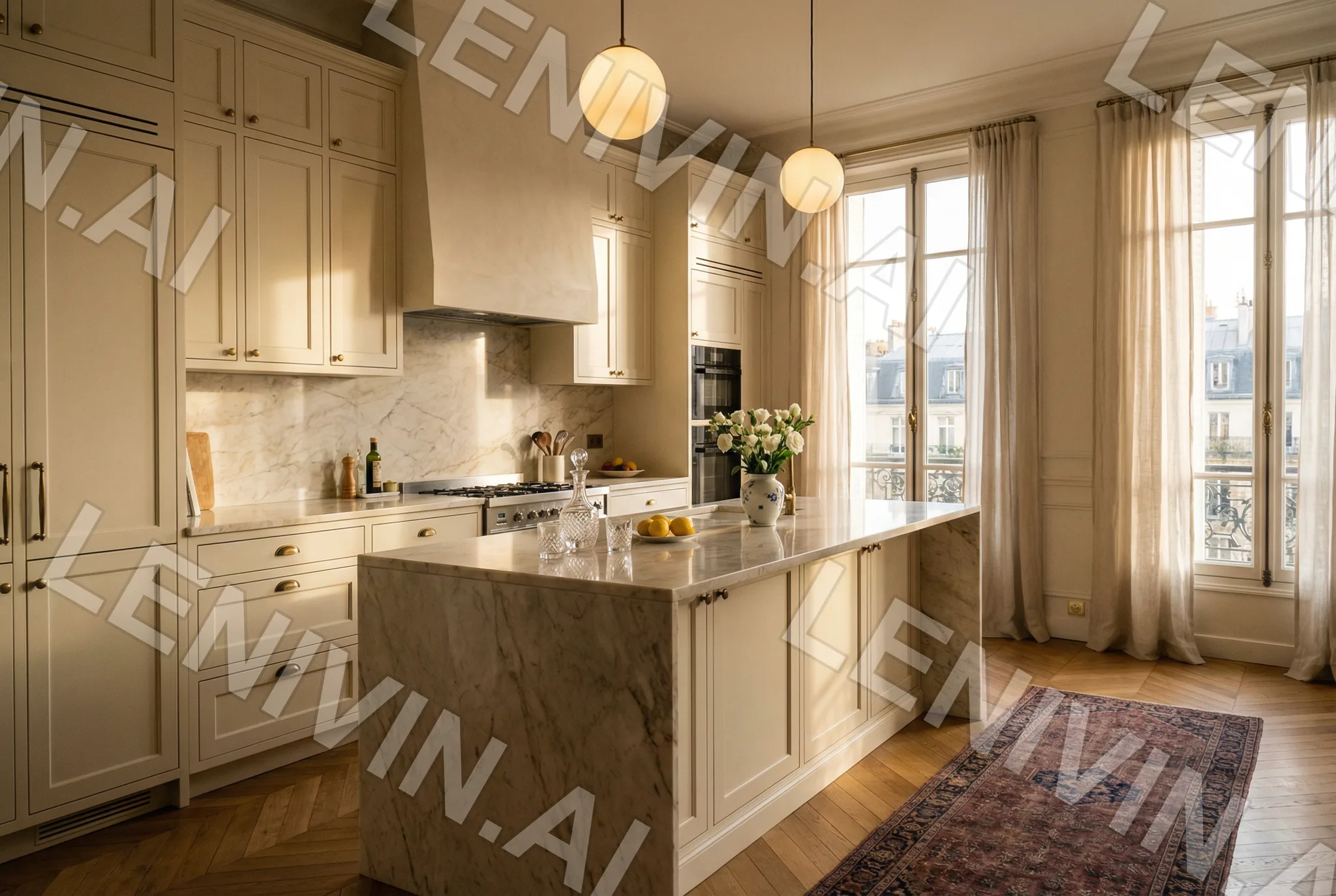 Просторная светлая кухня с мраморным островом, подвесными лампами и высокими окнами, паркет и ковёр