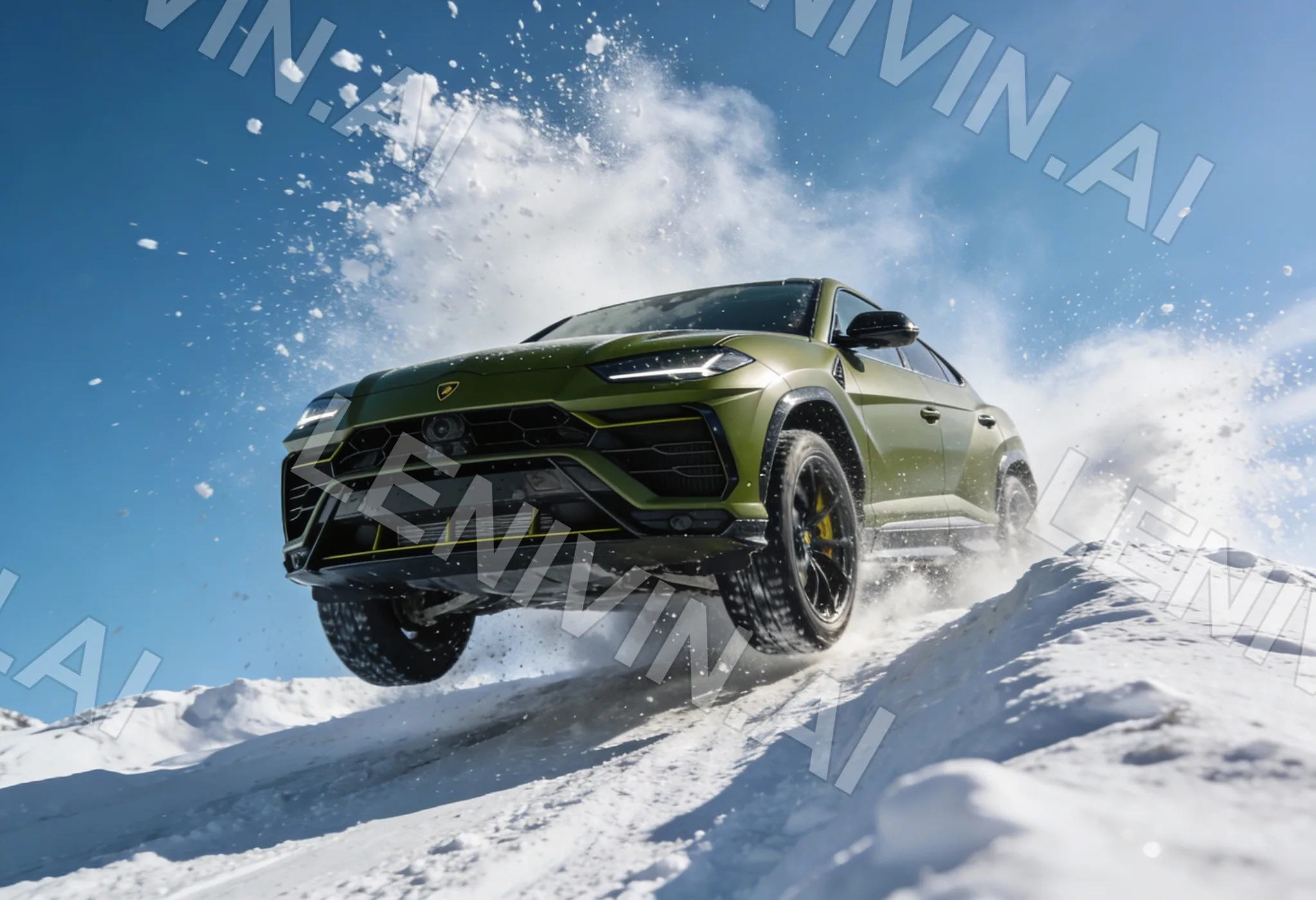 Тёмно-зелёный Lamborghini Urus прыгает на снежной горке, снежная пыль на фоне синего неба