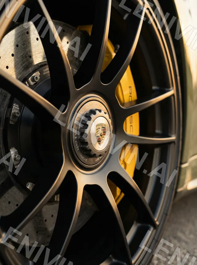 Крупный план колеса Porsche с бронзовым диском и жёлтым суппортом
