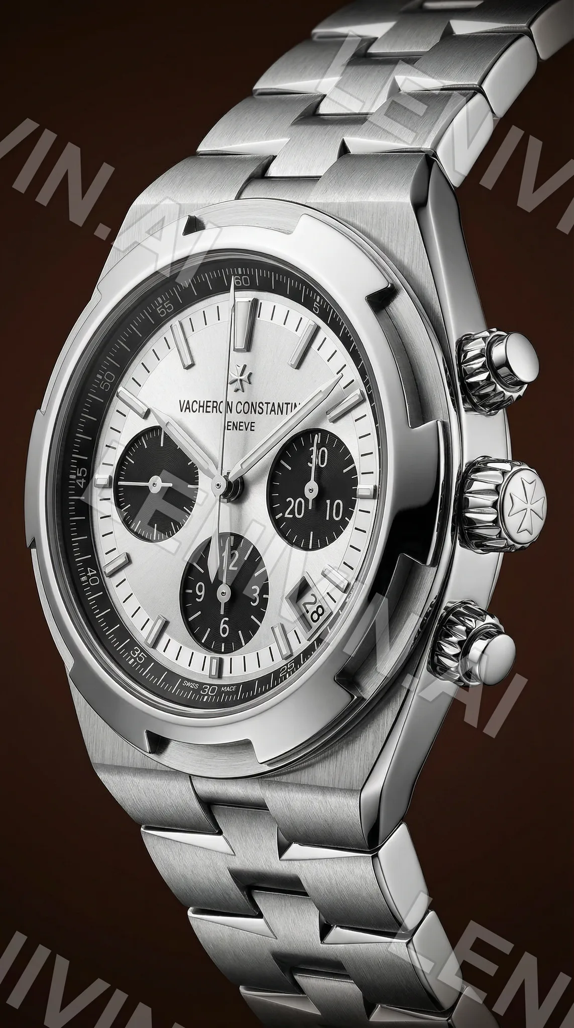 Часы Vacheron Constantin с белым хронографом и стальным браслетом, крупный план, тёмный фон