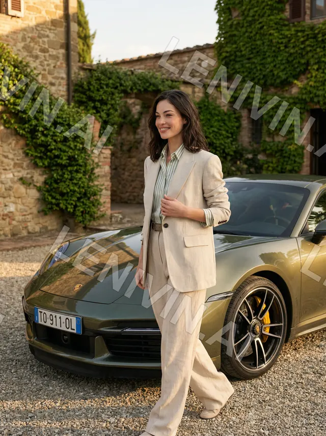 Брюнетка в бежевом льняном костюме идёт у капота Porsche, двор с плющом на каменной стене