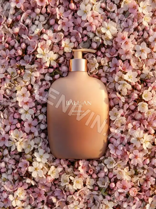 Ролик: флакон Balisan Body Milk в окружении цветов миндаля, вид сверху, мягкий свет