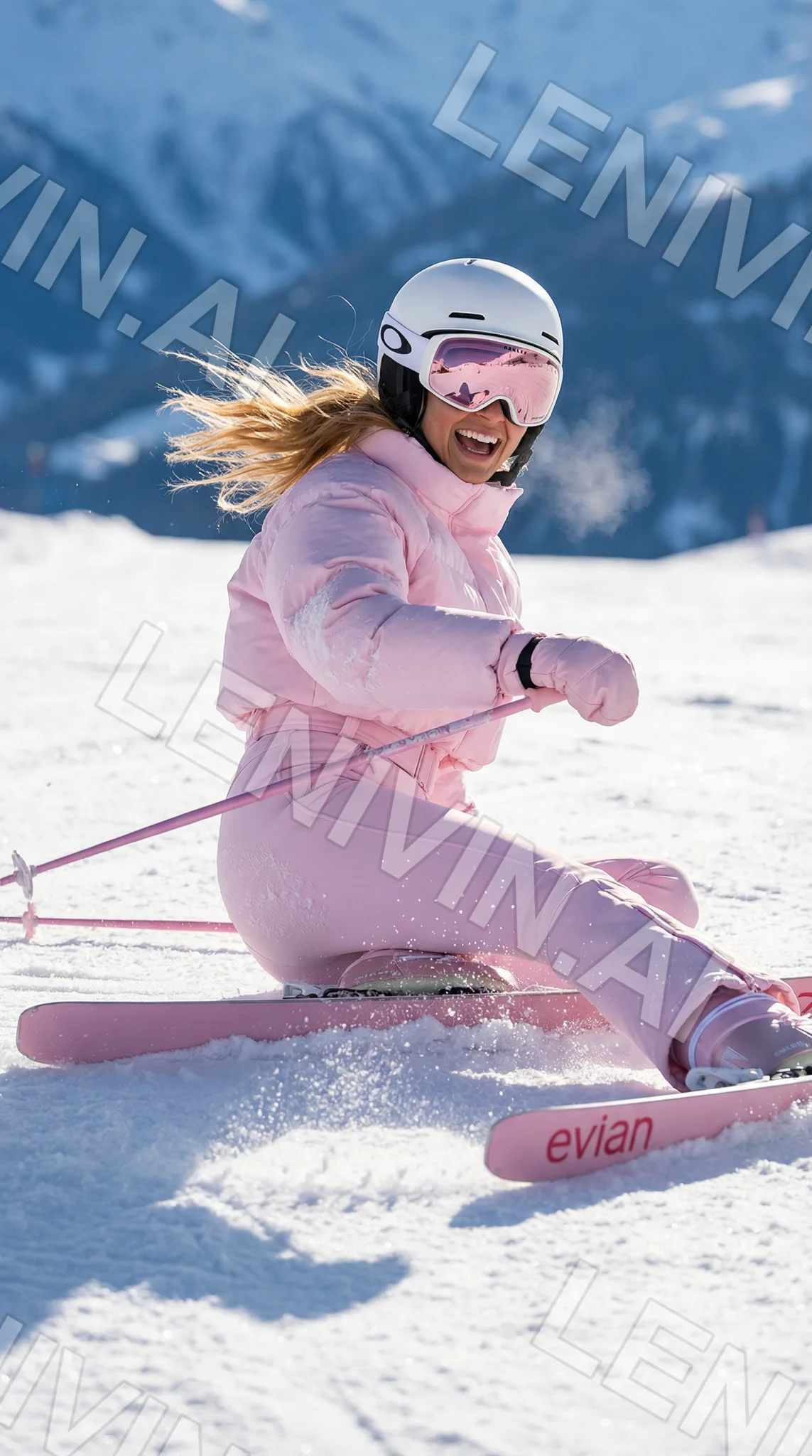 Смеющаяся лыжница в розовом костюме упала на склоне, розовые лыжи evian и палки