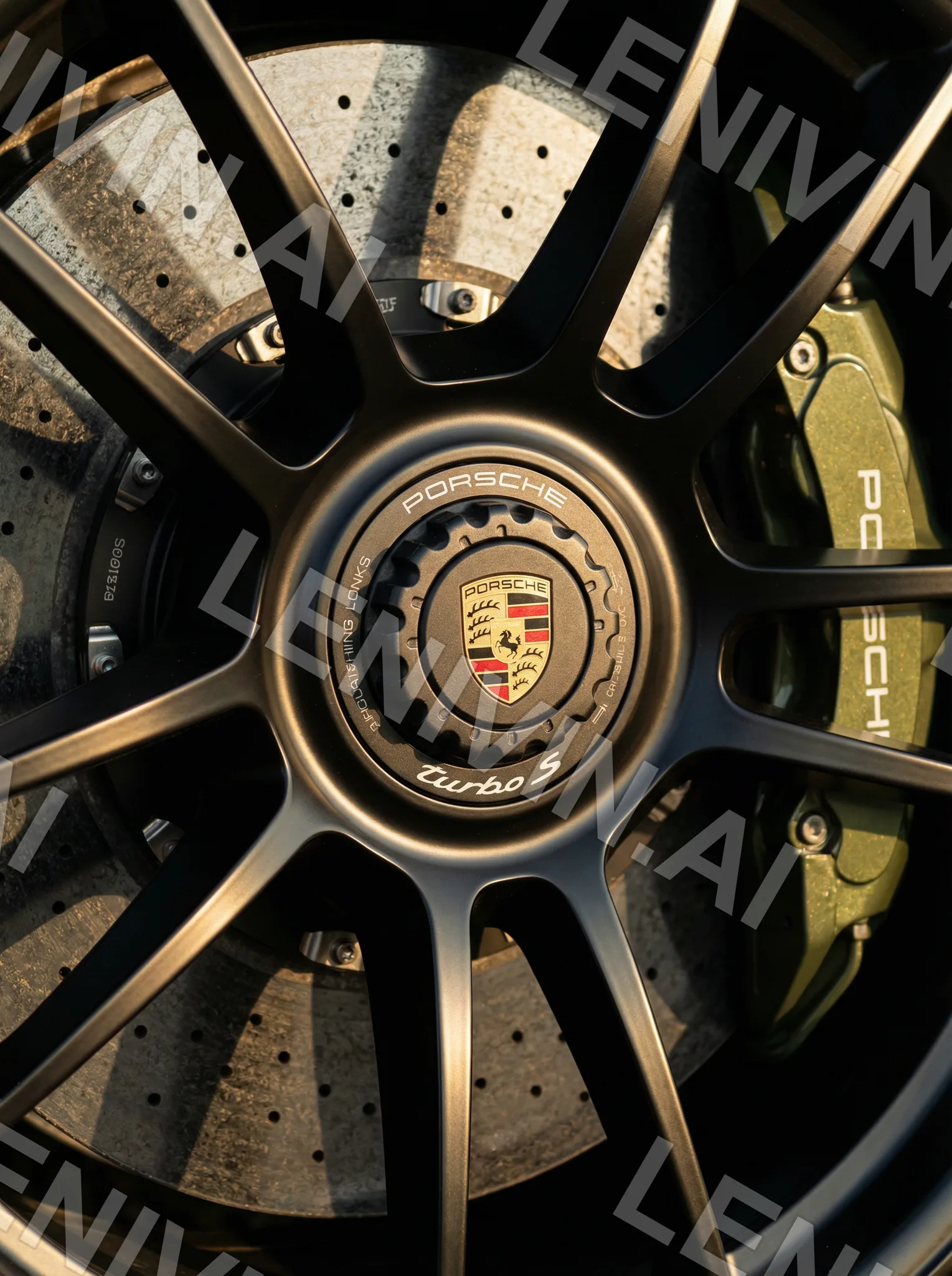 Колёсный диск Porsche Turbo S с гербом на ступице, тормозной диск, золотисто-чёрные спицы