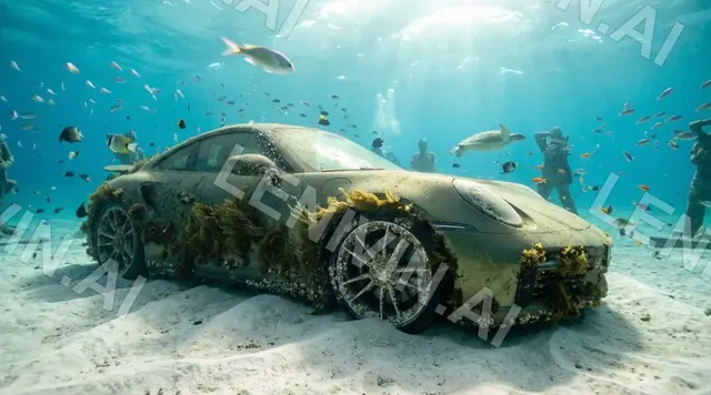 Ролик: обросший водорослями Porsche на песчаном дне, вокруг рыбы и статуи