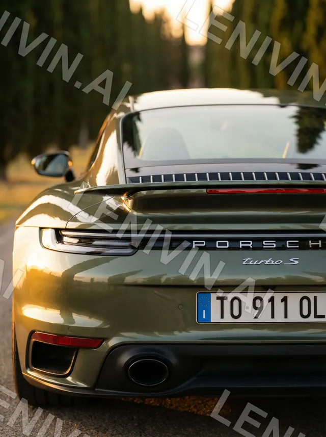 Оливковый Porsche сзади с надписью Turbo S и номером TO 911 OL, кипарисы и тёплый свет