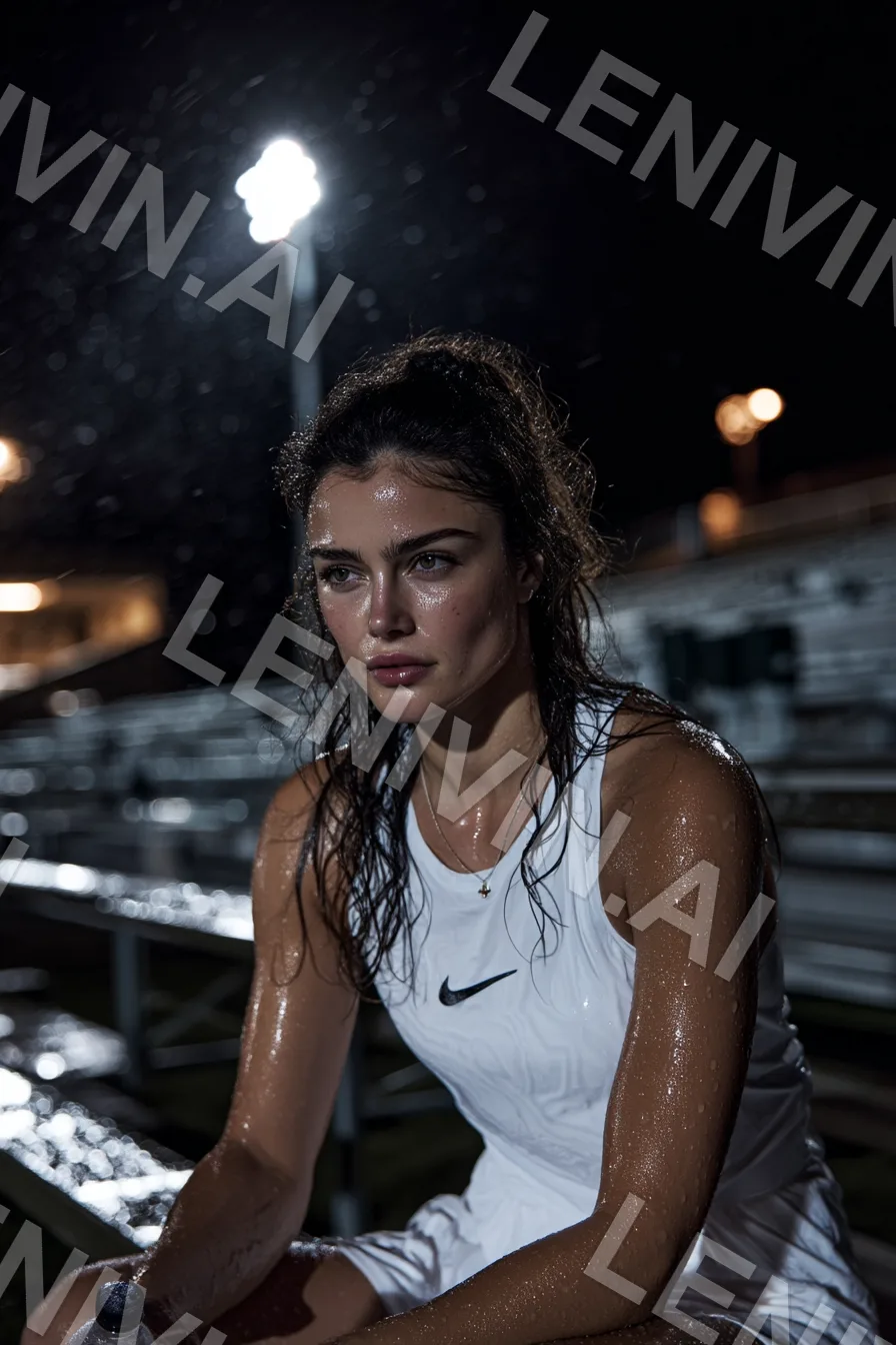 Мокрая девушка в белой майке с логотипом Nike сидит на трибуне под ночным фонарём, капли дождя