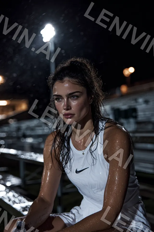 Мокрая девушка в белой майке с логотипом Nike сидит на трибуне под ночным фонарём, капли дождя
