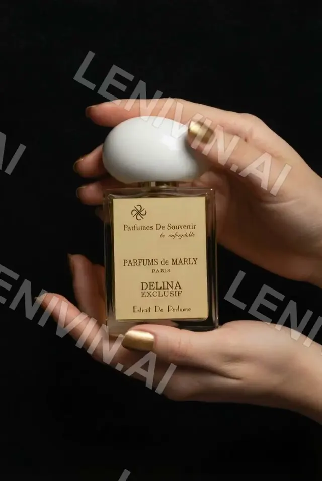 Ролик: руки с золотым маникюром держат флакон духов Parfums de Marly Delina Exclusif на чёрном фоне