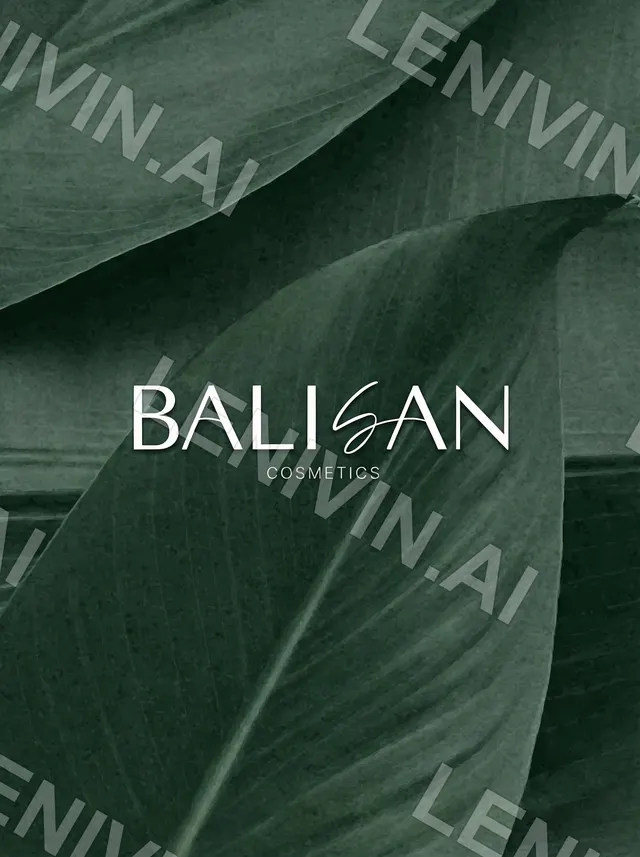 Логотип Balisan Cosmetics белыми буквами на фоне тёмно-зелёного листа
