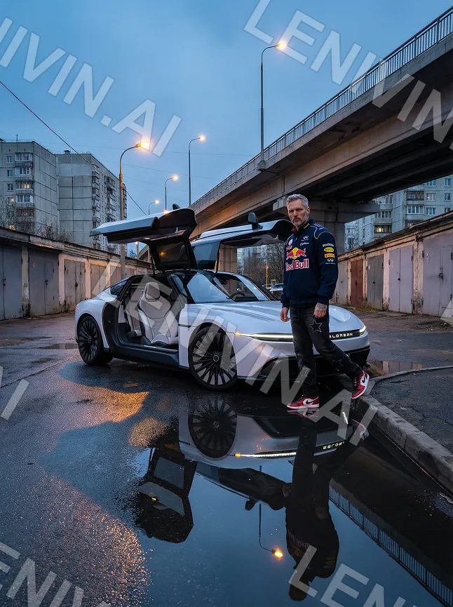 Мужчина в куртке Red Bull у белого купе с поднятыми дверями, мост и гаражи, лужа