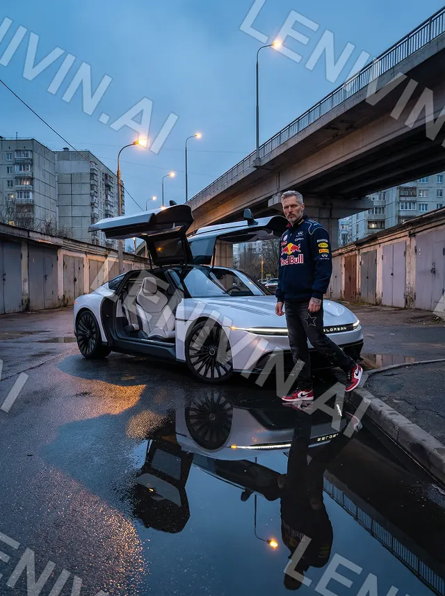 Мужчина в куртке Red Bull у белого купе с поднятыми дверями, мост и гаражи, лужа