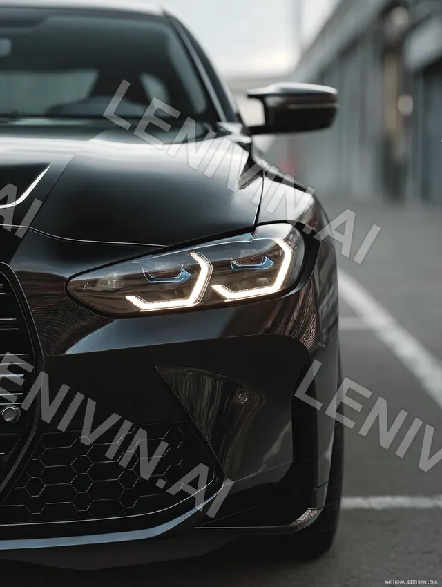 Чёрный BMW с включёнными фарами, передняя часть крупно, на серой улице
