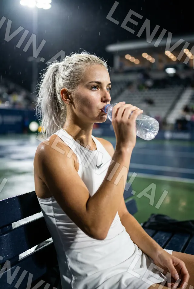 Блондинка в белом платье Nike пьёт воду на скамье на корте в дождливый вечер, трибуны позади