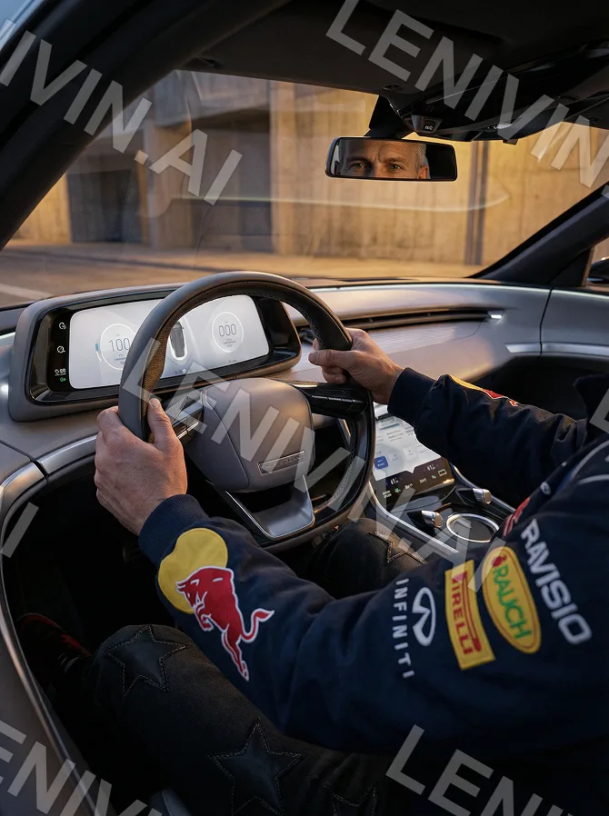 Руки водителя в куртке Red Bull на руле, в зеркале отражение лица, салон купе