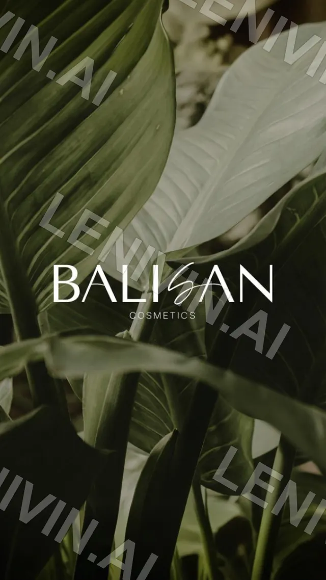 Логотип BALISAN Cosmetics белым на фоне крупных листьев растения