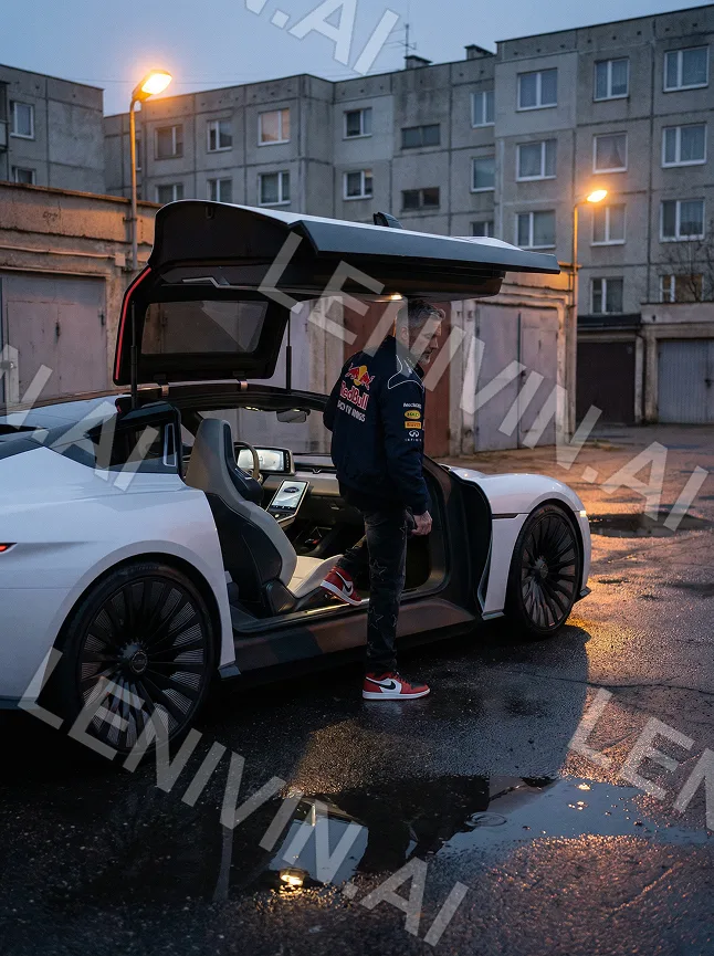 Человек в куртке Red Bull у белого купе с открытыми дверями-крыльями на мокрой дворовой стоянке у панельного дома