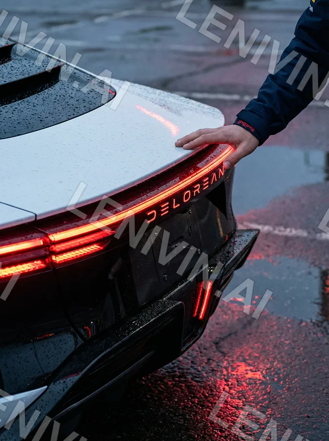 Задняя часть белого авто с надписью DELOREAN, красная световая полоса, мокрый асфальт