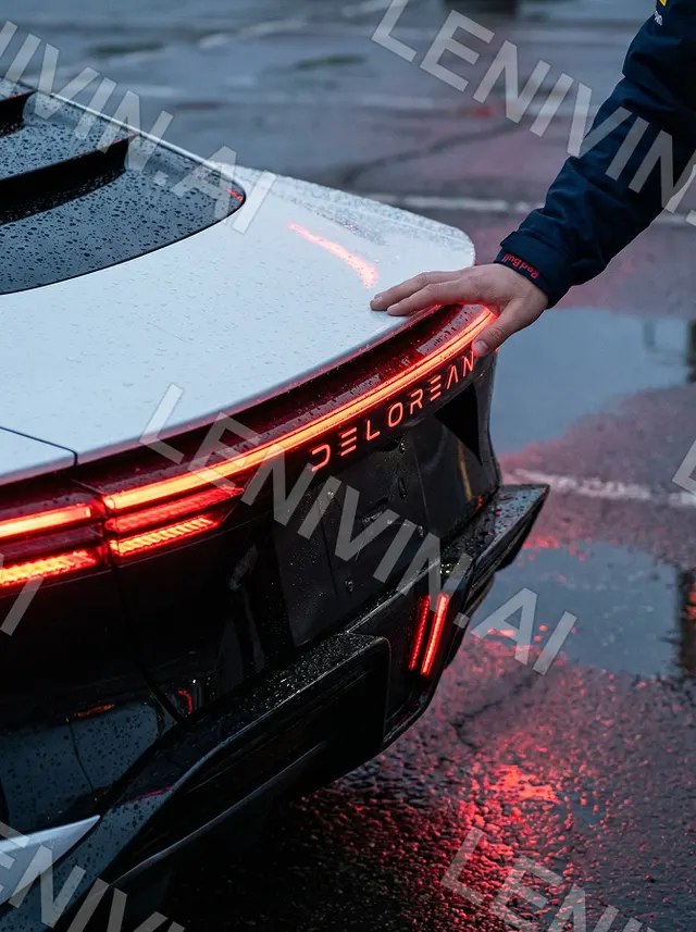 Задняя часть белого авто с надписью DELOREAN, красная световая полоса, мокрый асфальт
