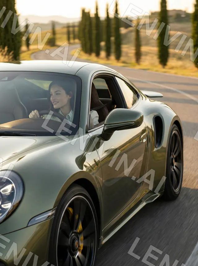 Оливковый Porsche на скорости едет по дороге с кипарисами, за стеклом улыбается водитель
