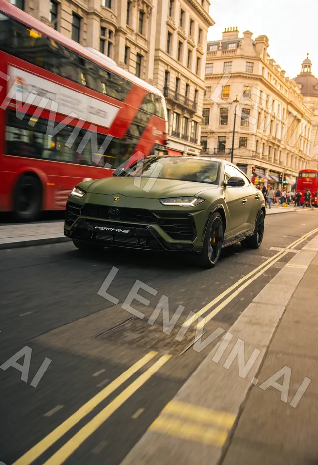 Зелёный Lamborghini Urus едет по лондонской улице рядом с красным двухэтажным автобусом