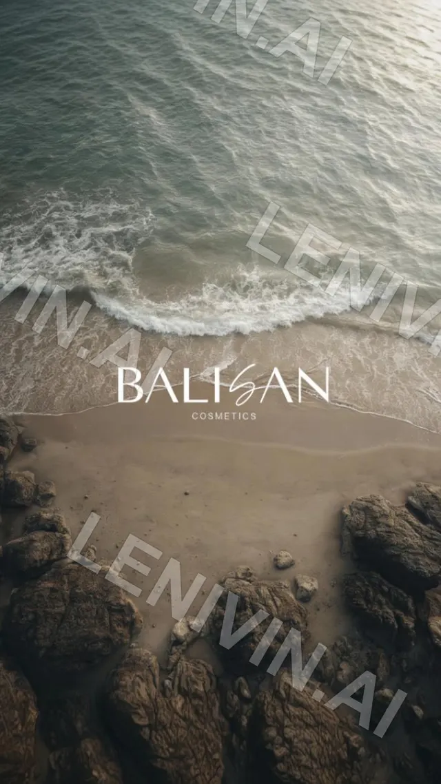 Вид сверху на морской прибой и камни с надписью Balisan Cosmetics на песке