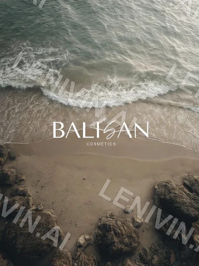 Вид сверху: прибой на песке и камни, надпись Balisan Cosmetics