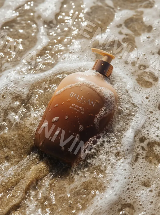 Флакон Body Milk Balisan в пенной воде на песке, тёплые янтарные тона