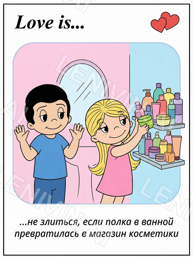Иллюстрация Love is в розово-голубых тонах: мальчик и девочка у ванной полки с косметикой