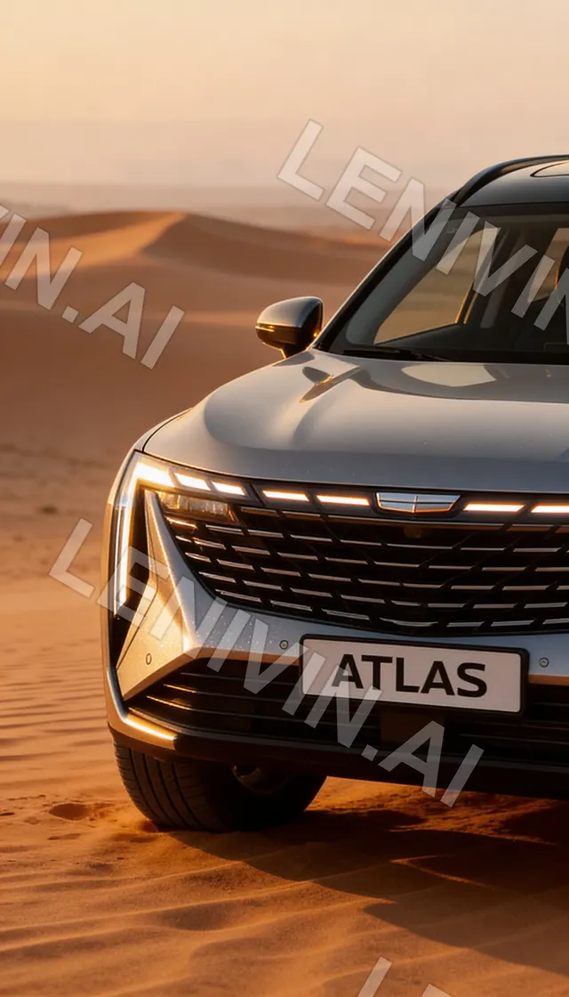 Передняя часть серого кроссовера с табличкой ATLAS на песчаных дюнах на закате