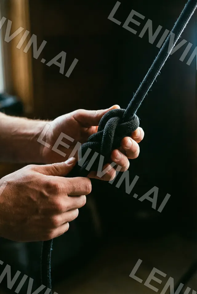 Крупно: мужские руки затягивают узел на тёмном канате, тёмный фон