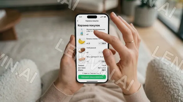 Руки держат смартфон с экраном корзины покупок в приложении доставки продуктов, светлая гостиная