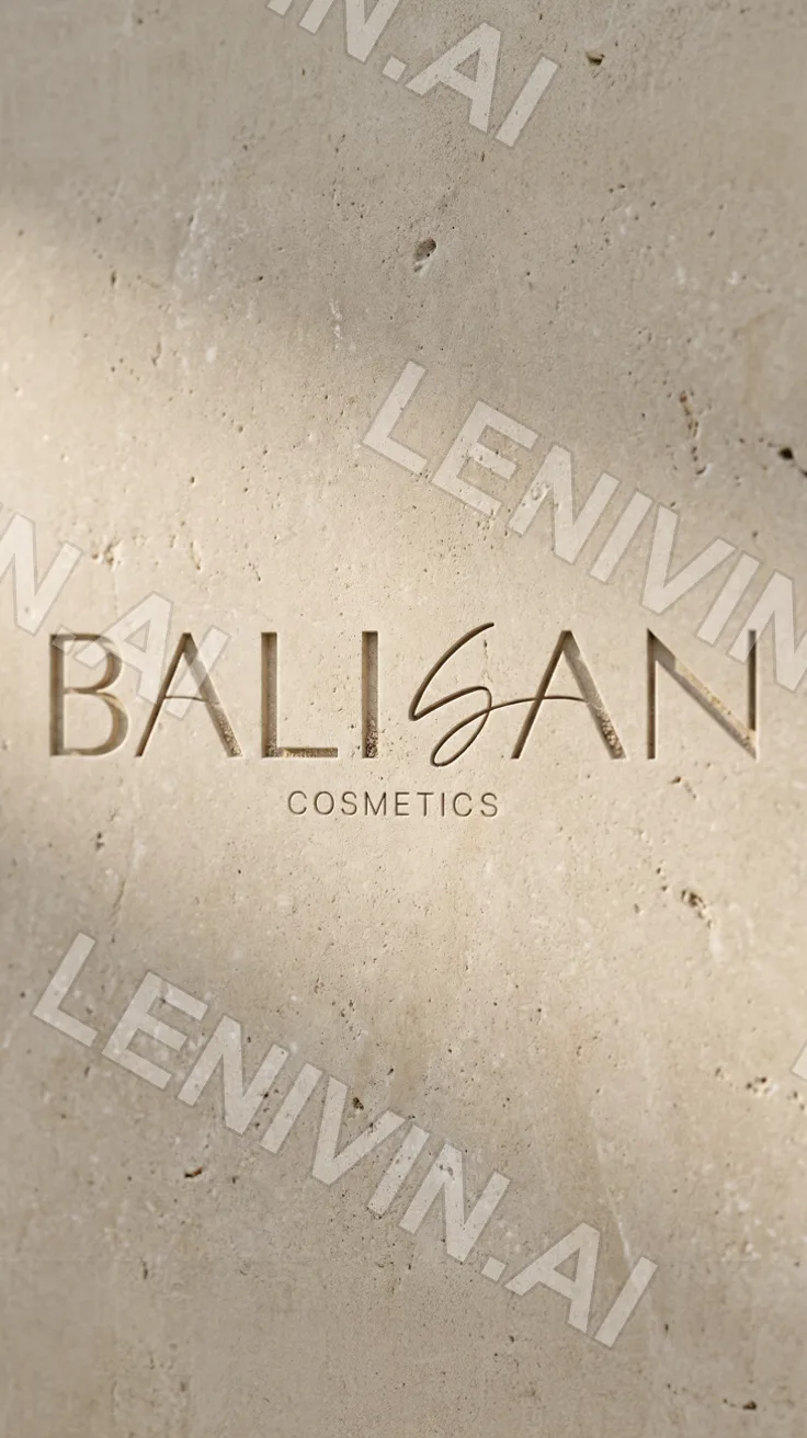 Логотип BALISAN Cosmetics выбит на светлом травертине, тень по диагонали
