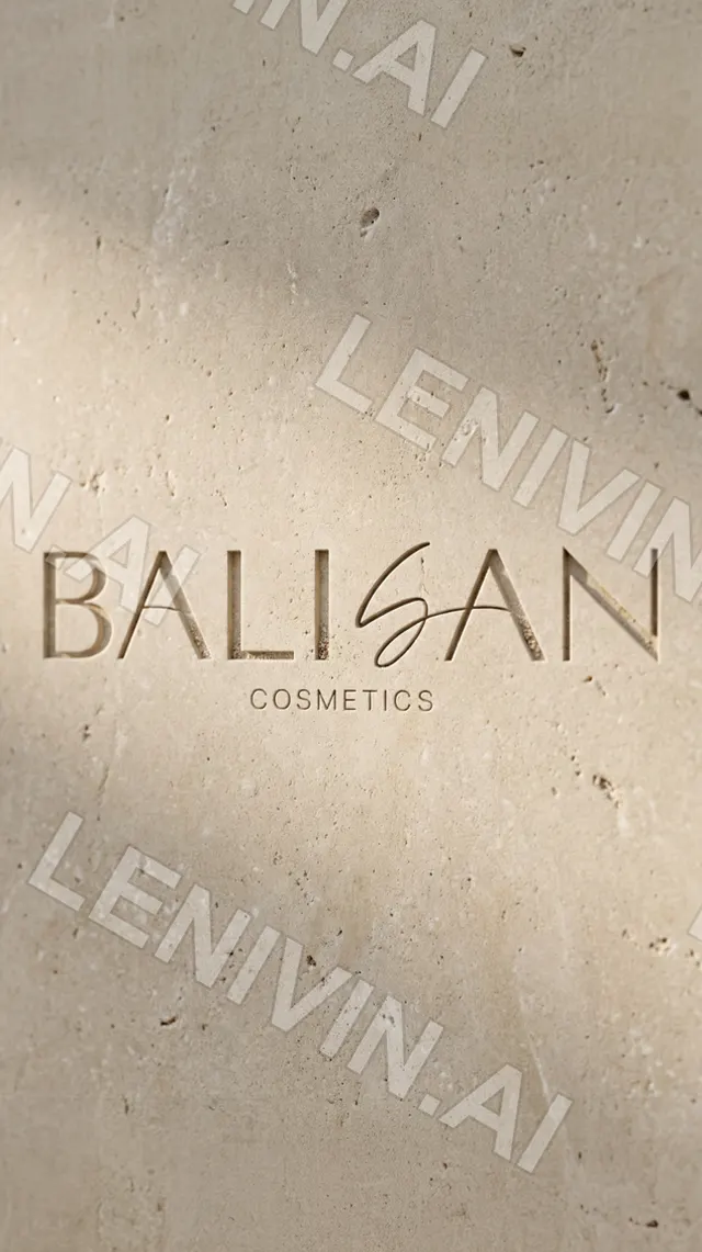 Логотип BALISAN Cosmetics выбит на светлом травертине, тень по диагонали