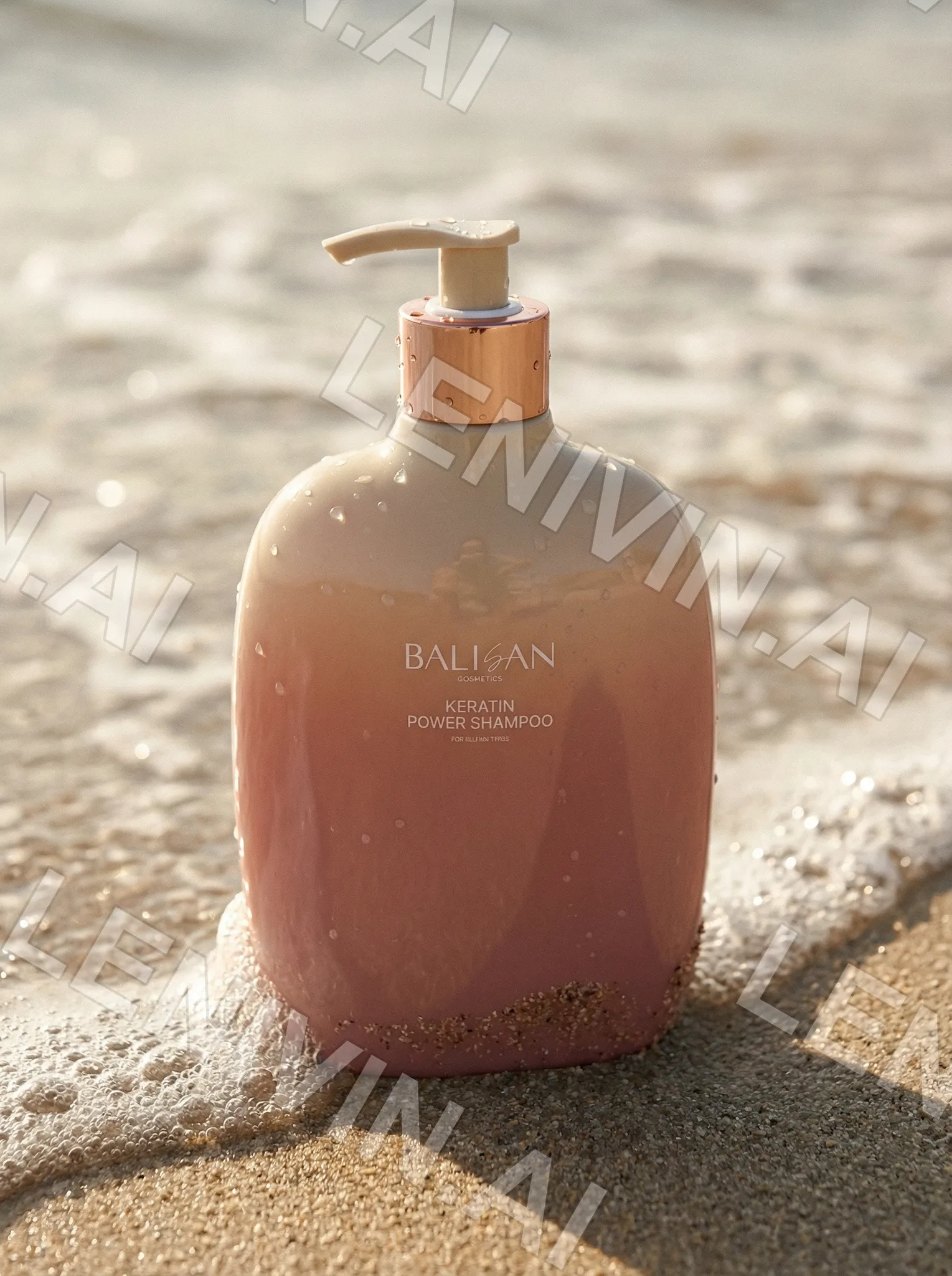 Флакон Balisan Keratin Power Shampoo на мокром песке у кромки воды, розово-бежевый градиент