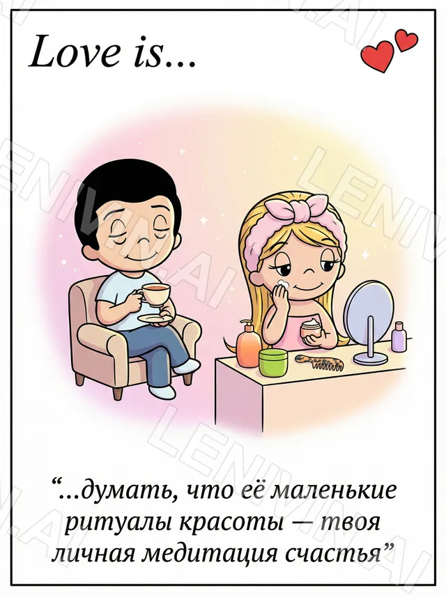 Открытка «Love is…»: мальчик с чашкой в кресле и девочка с повязкой на волосах у туалетного столика с кремами