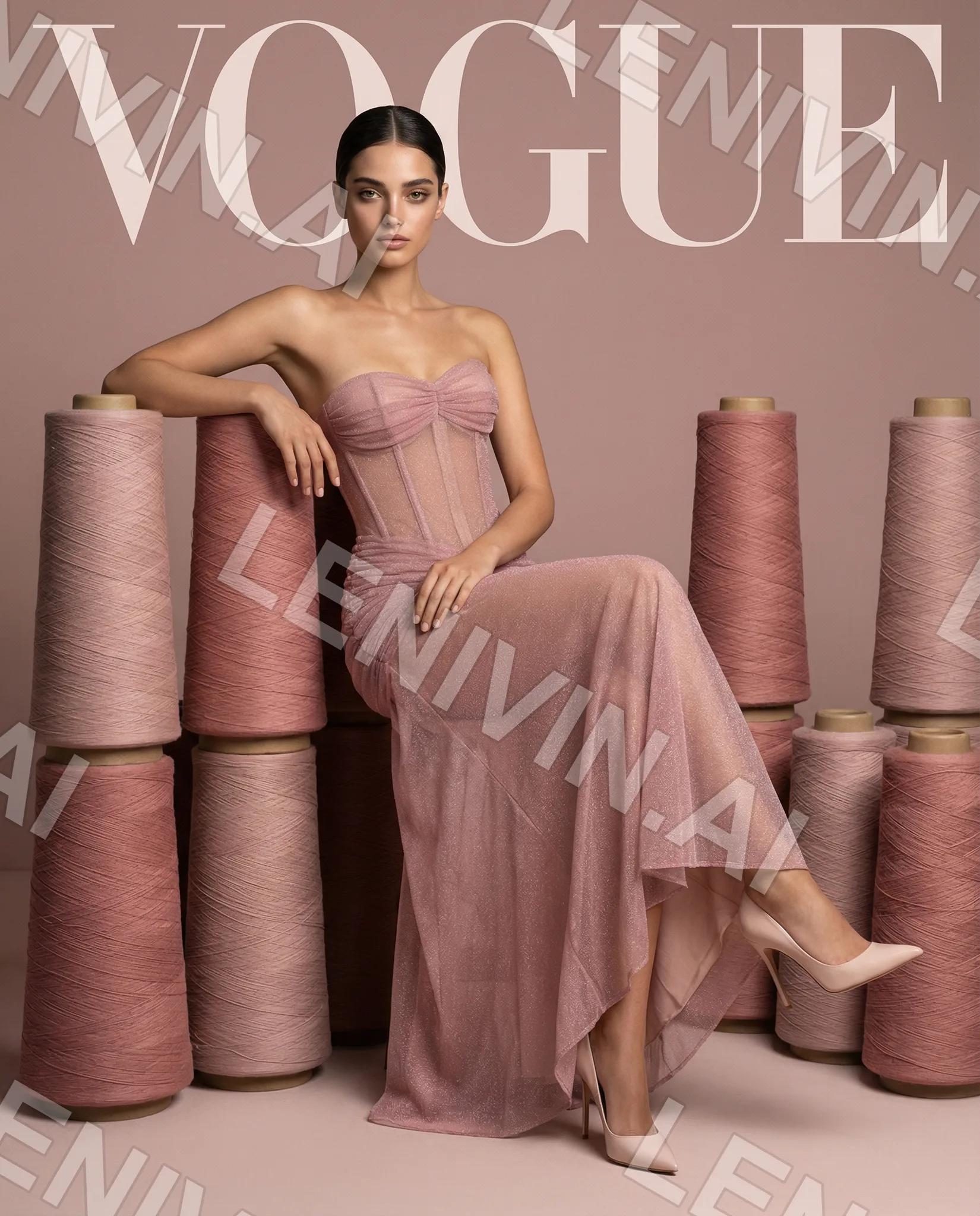 Обложка с надписью Vogue: брюнетка в розовом корсетном платье сидит среди розовых катушек ниток