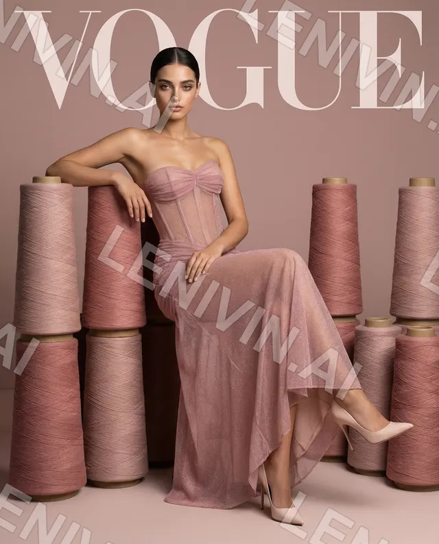 Обложка с надписью Vogue: брюнетка в розовом корсетном платье сидит среди розовых катушек ниток