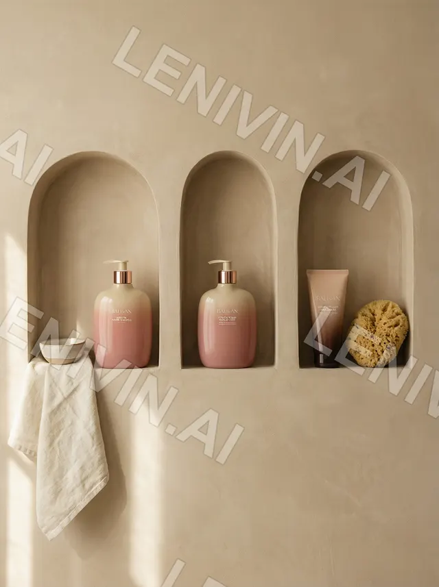 Три розовых флакона и туба в трёх арочных нишах бежевой стены, полотенце и мочалка