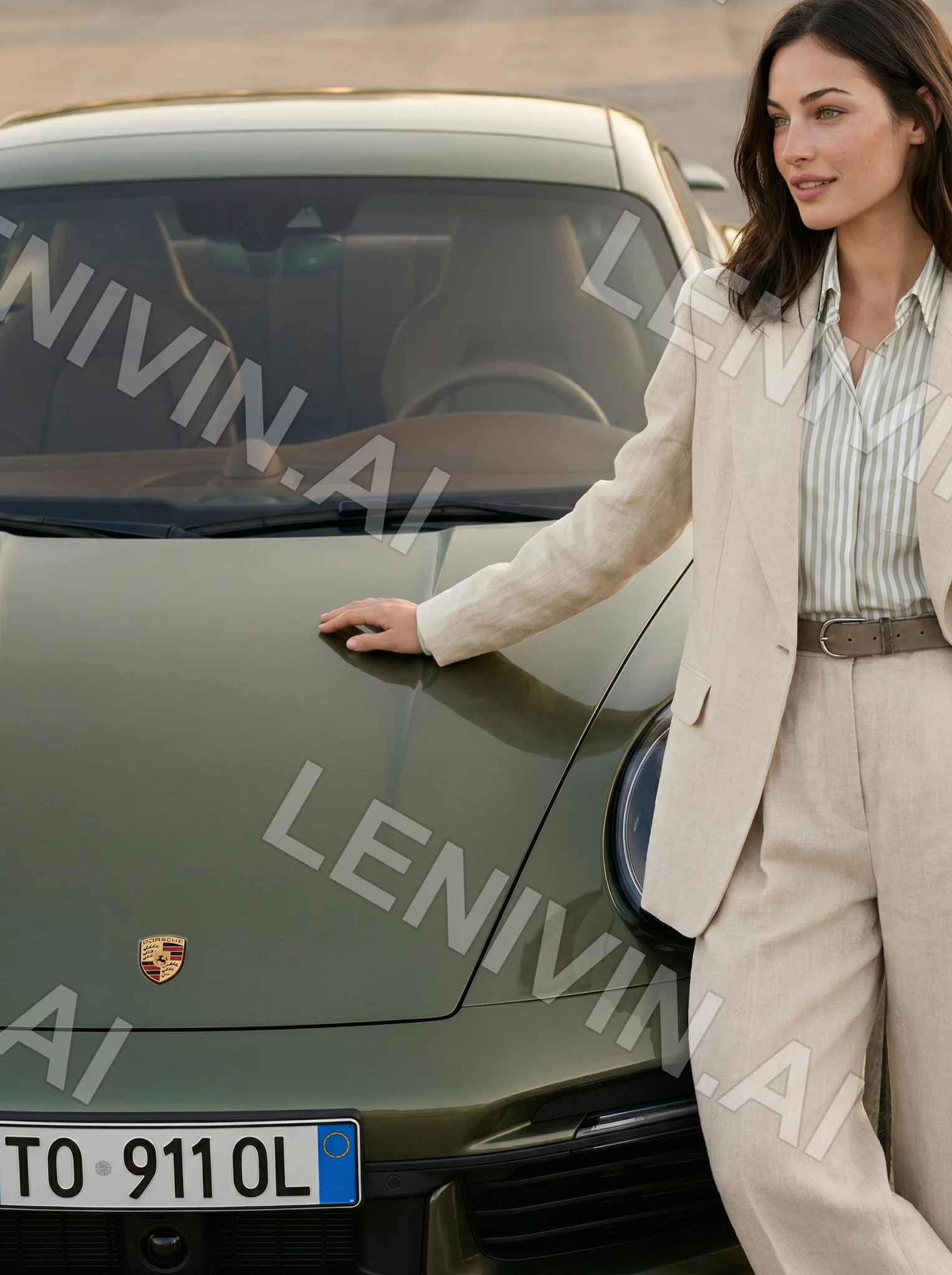 Девушка в льняном бежевом костюме опирается на капот оливкового Porsche с номером TO 911 OL