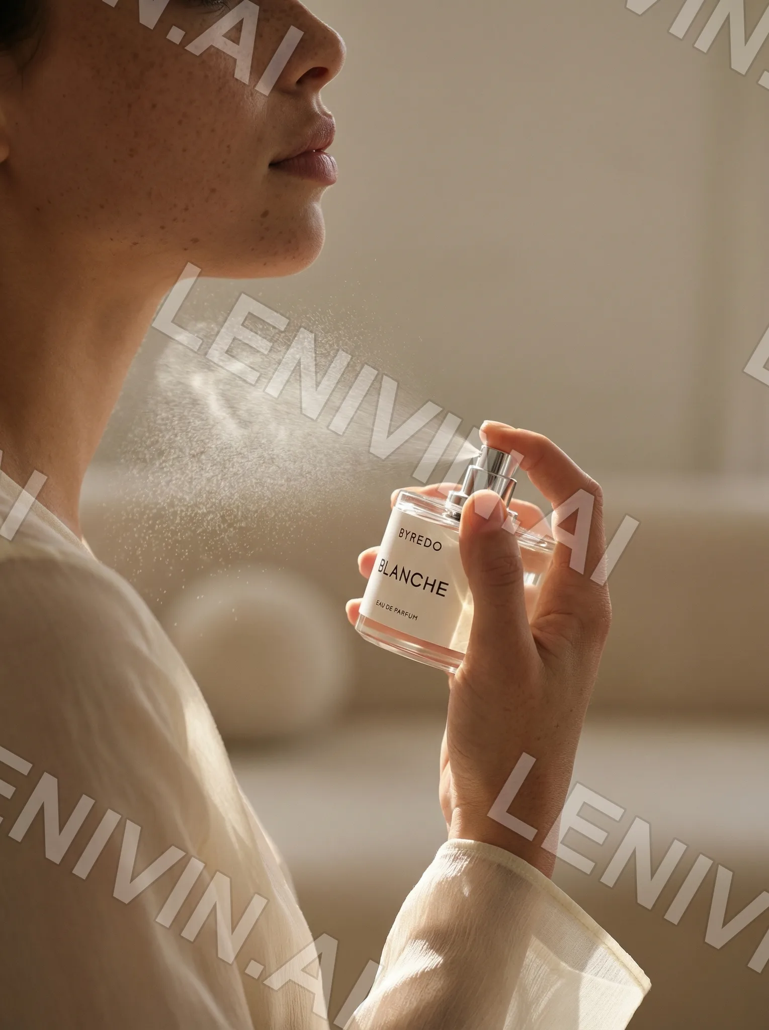 Рука распыляет духи Byredo Blanche, облачко спрея у лица в профиль